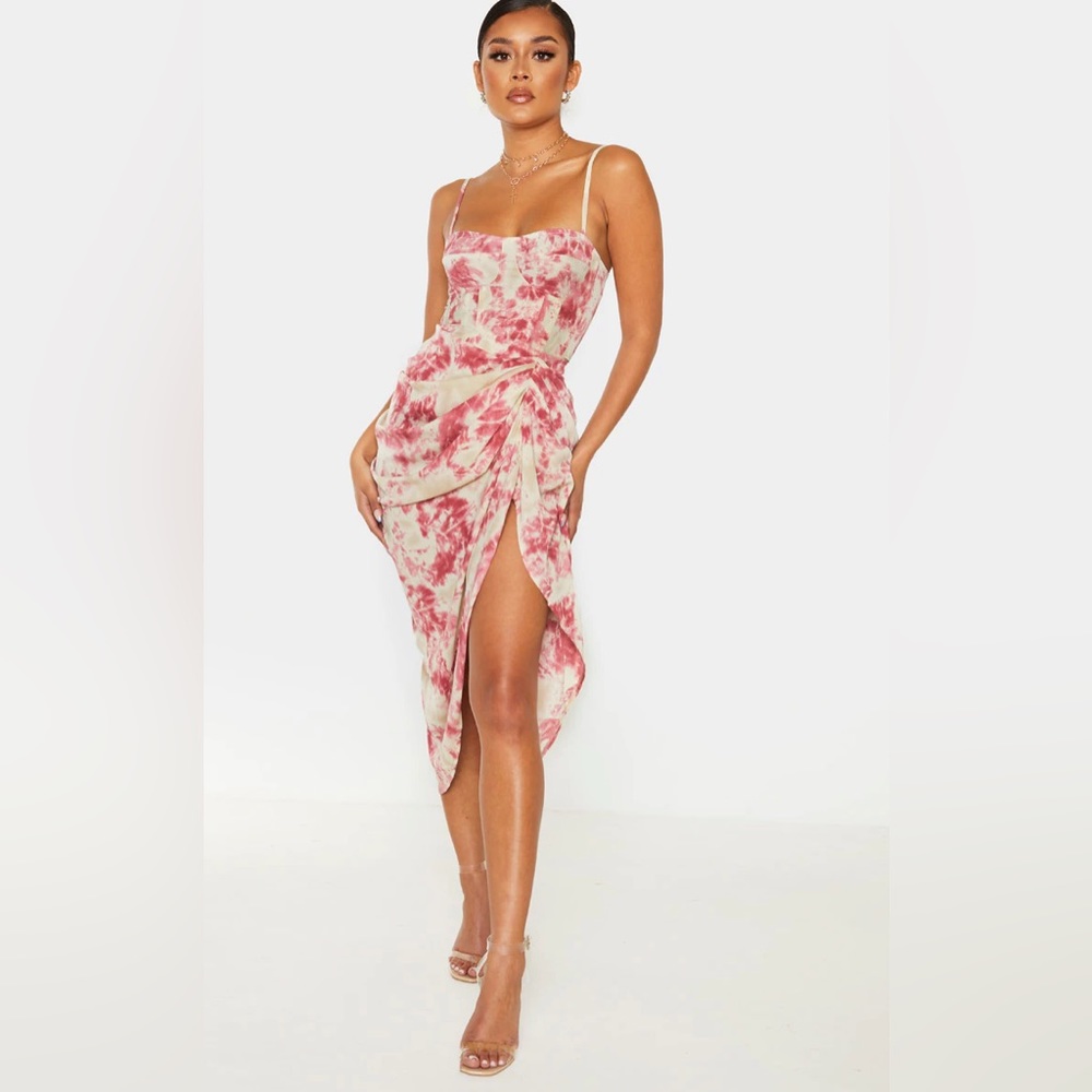 PrettyLittleThing Corset & Midi Skirt - Fuchsia Tie Dye Print - Size 2
